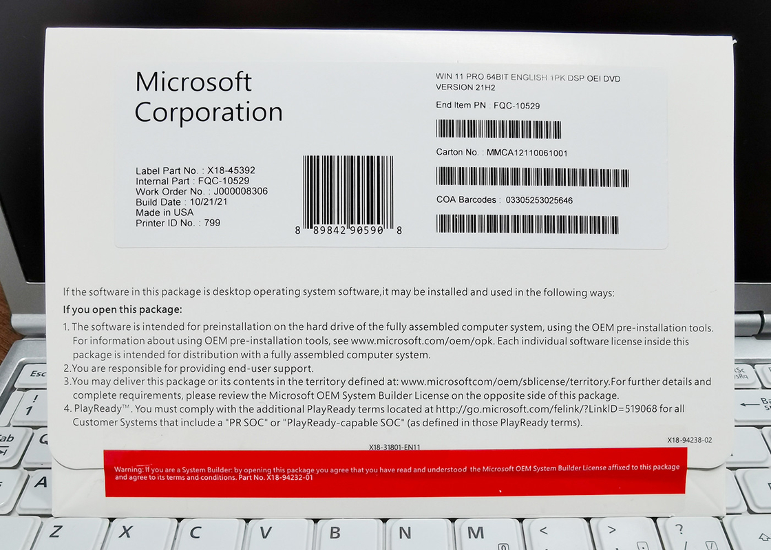 OEM Microsoft COA Windows 11 Pro OEM Retail Box 32 X 64 Bit